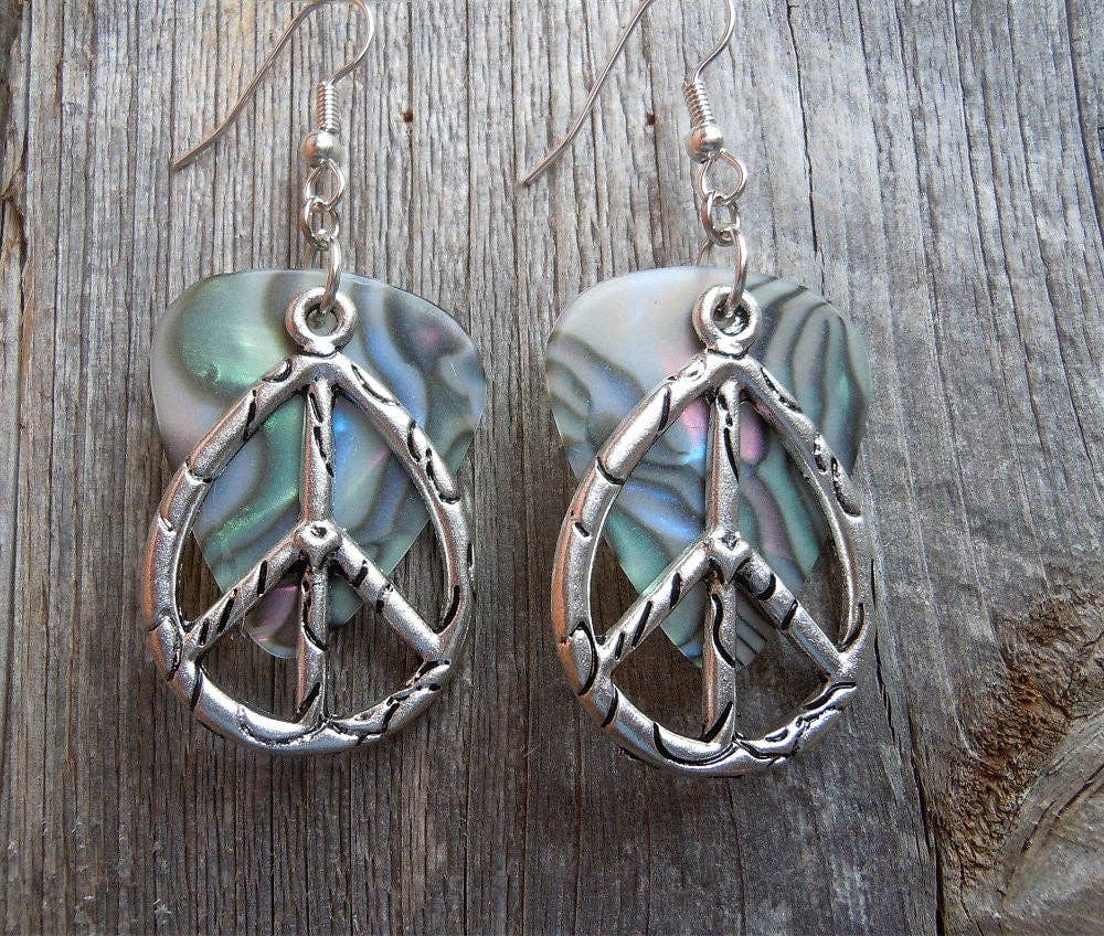 Simply Raevyn - Wholesale Dangle Earrings - Large Oval Peace Sign Charm Guitar Pick Earrings9