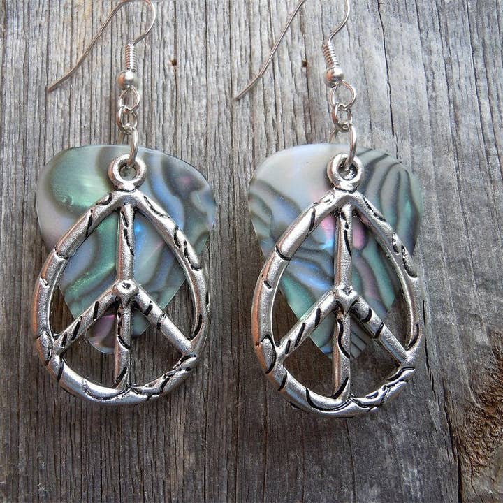 Simply Raevyn - Wholesale Dangle Earrings - Large Oval Peace Sign Charm Guitar Pick Earrings9