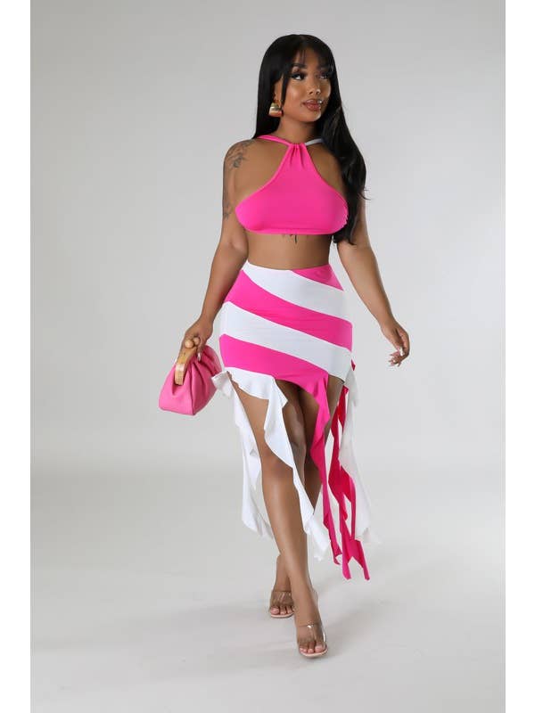 Fuchsia Color Block Asymmetrical Hem Skirt Set for wholesale on Faire5