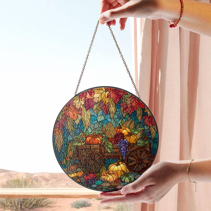 Autumn Harvest Stained Glass Suncatcher, Thanksgiving Decor for wholesale by TMLECOM LTD