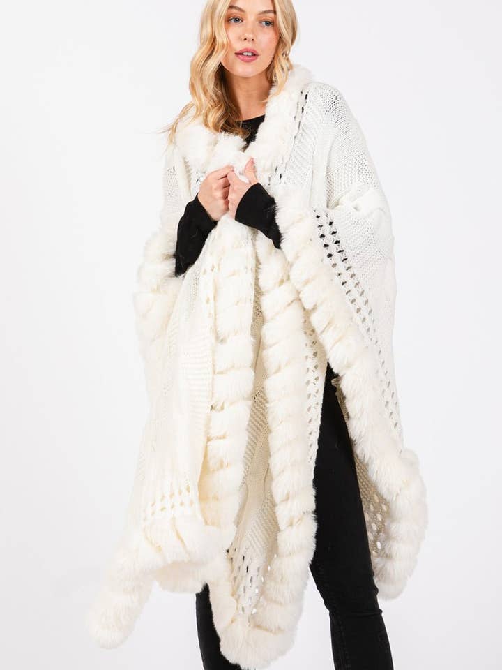 MiMi Wholesale - Wholesale Cape - Women's - MS0408 Faux Fur Trim Cape With Closure5