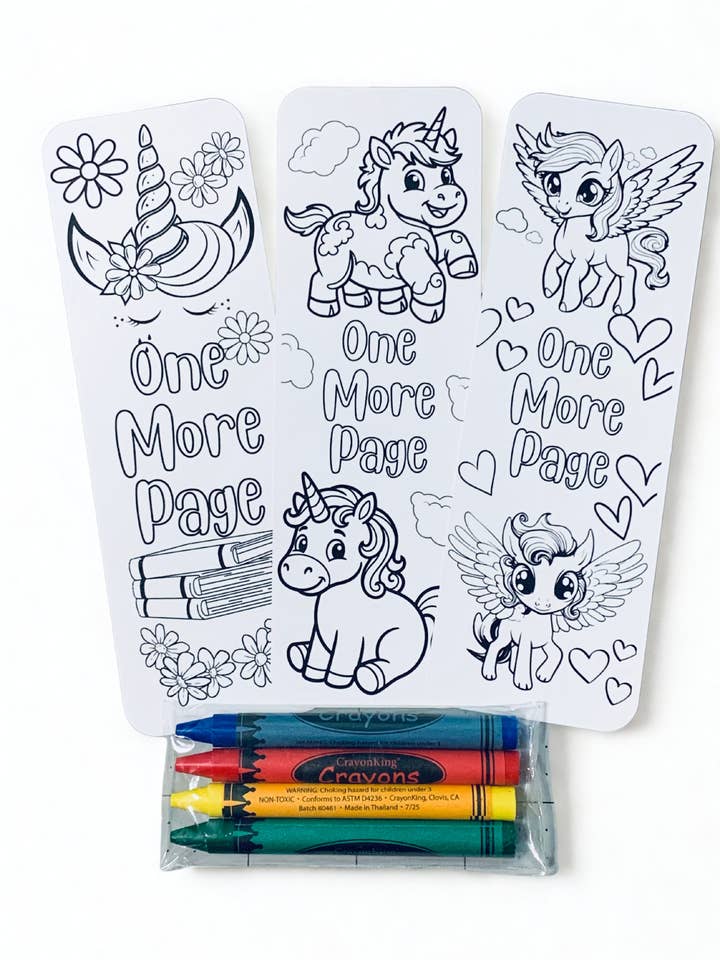 Unicorns Pegasus One More Page Coloring Bookmarks with Crayons Kit - Set of 3 - 2" x 6" Rounded Corner Bookmarks for wholesale by Ann Gregory Designs