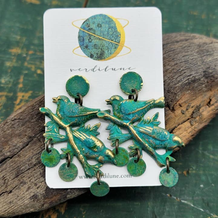 Songbird Statement Verdigris Patina Earrings for wholesale by Verdilune