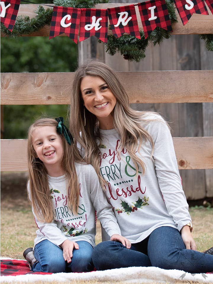Joyful, Merry, & Blessed on Grey Longsleeve Tunic with Candy Cane Accent for wholesale on Faire1