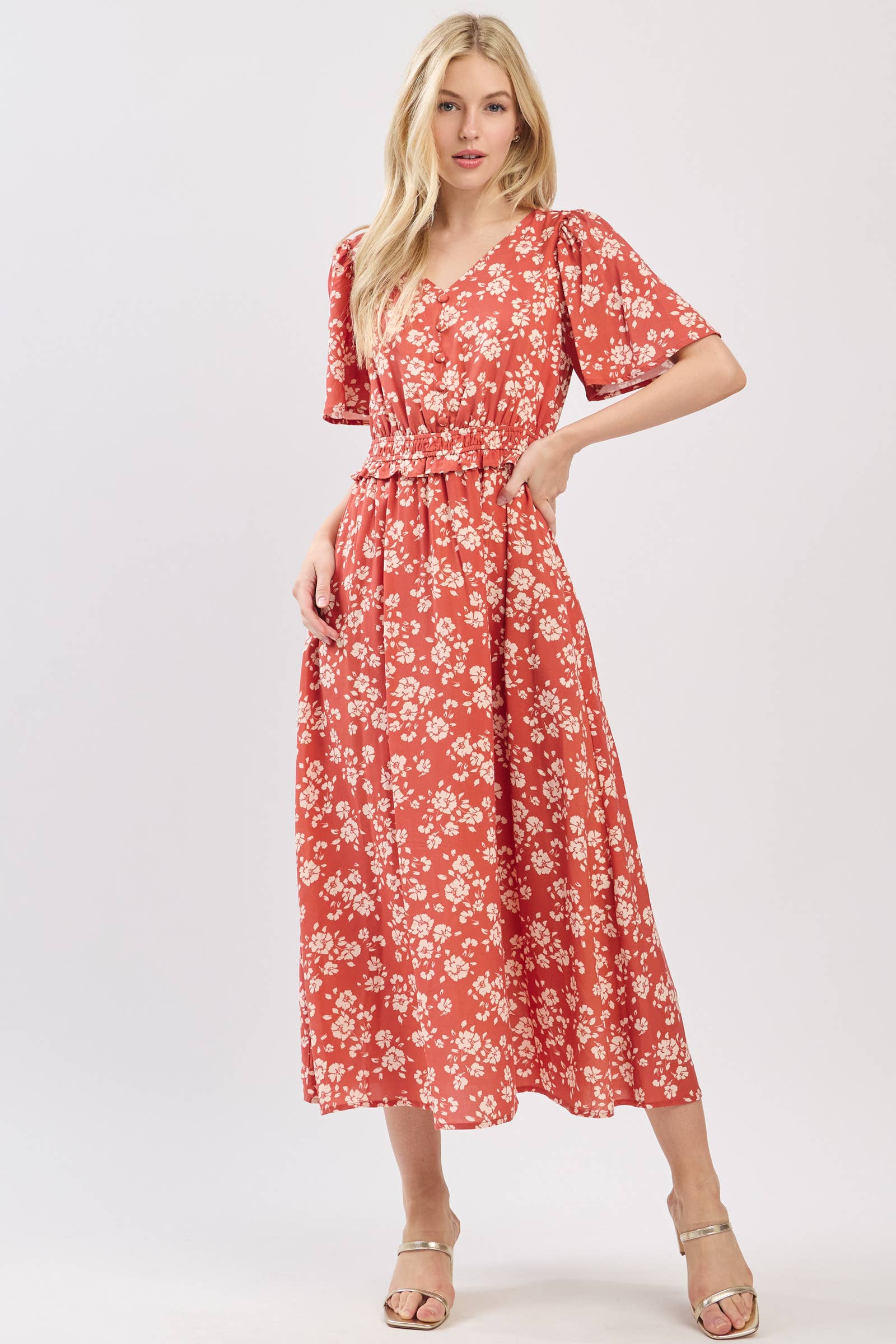 Terracotta MIDI-JURK MET PUFFMOUWEN, V-HALS EN GEDEFINIEERDE TAILLE - VD6036 voor groothandel op Faire1