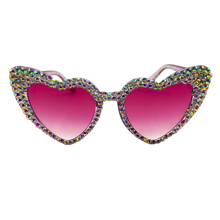 Purple Glitter Heart Shaped Sunglasses with Rhinestones for wholesale by Plush Appeal LLC