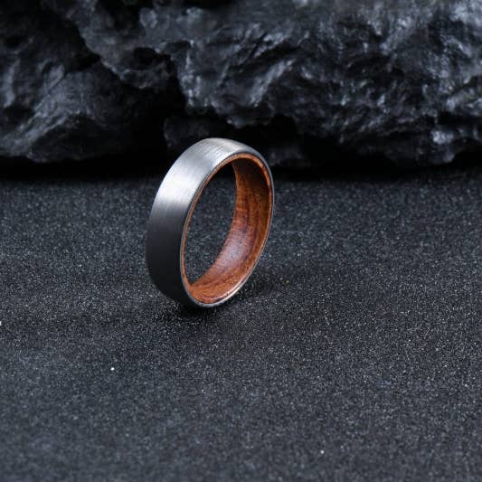 Titanium Exterior with Polished Natural Wood Interior – Rustic & Modern Men’s Wedding Band for wholesale by RustyStudioUSA