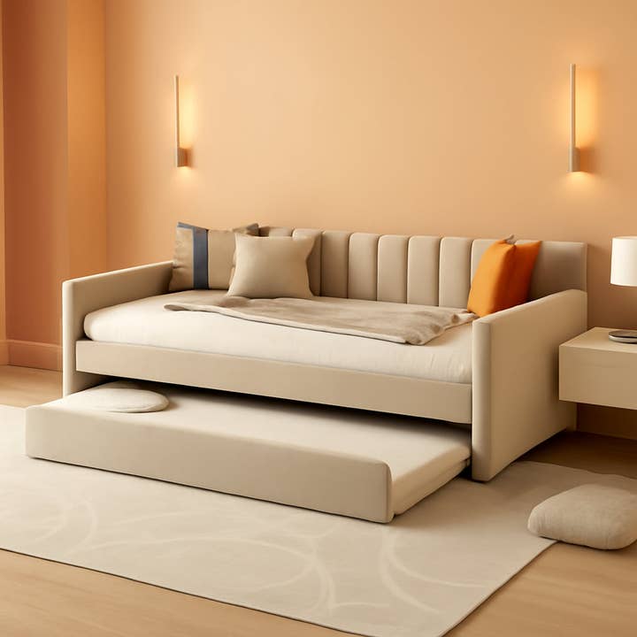 Full Sized Velvet Beige Upholstered Daybed Trundle for wholesale by ShipItFurniture