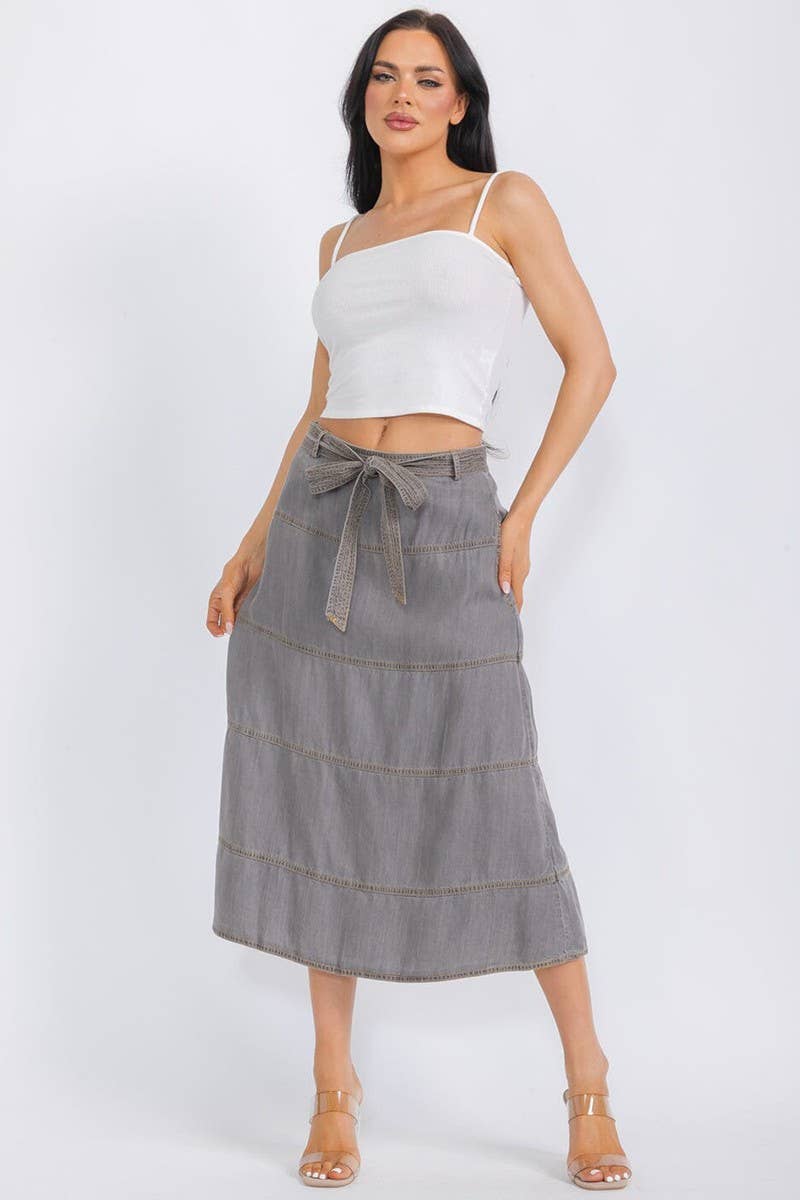 Gray 2250045- Solid lyocell tiered tied waist midi skirt for wholesale on Faire3