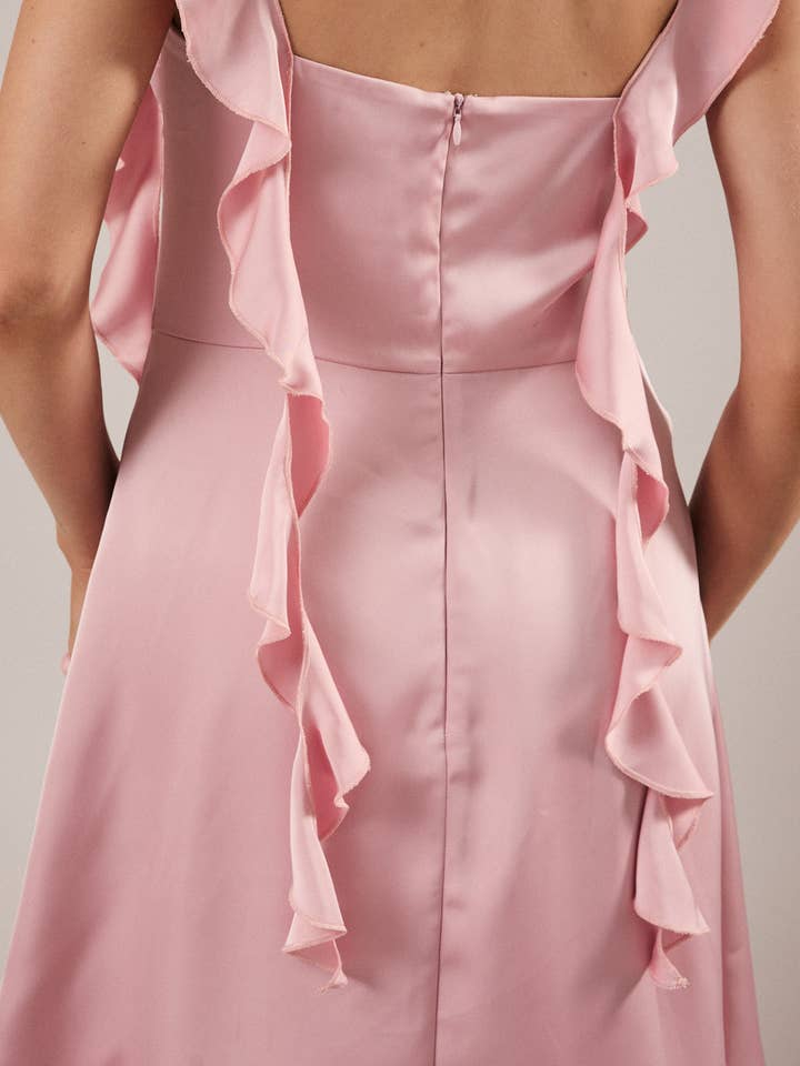 Rose Robe mini en satin à bretelles à volants en vente sur Faire8