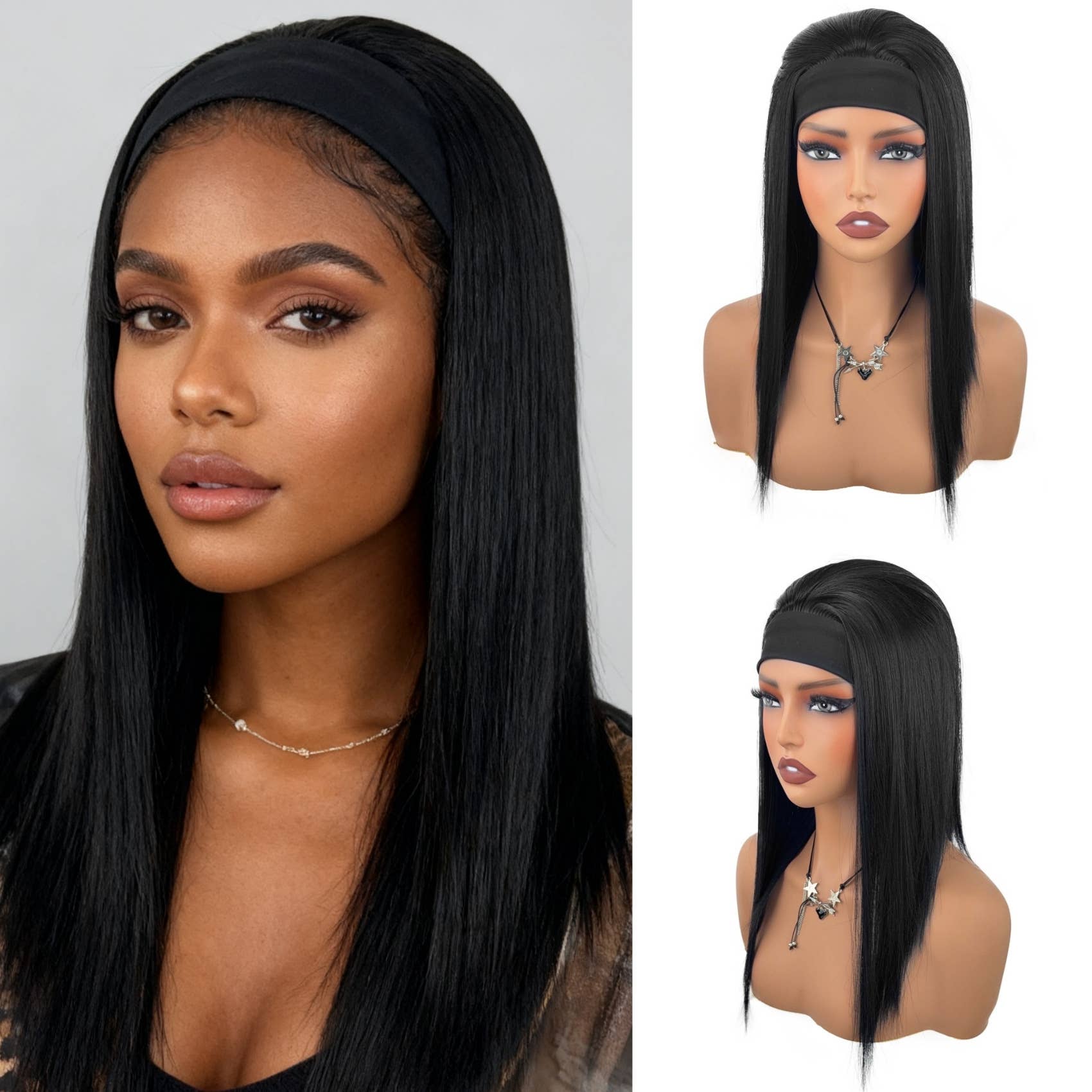 Black Straight Synthetic Headband Wig with Natural Shine Easy Fit for wholesale on Faire0