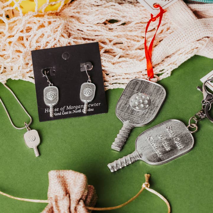 Pickleball Paddle and Ball - Christmas Ornament - Jewelry for wholesale by House of Morgan Pewter