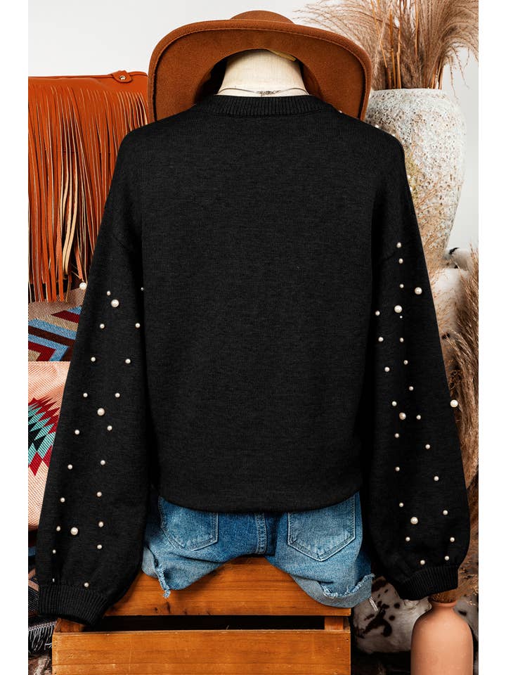 fashionworks - Wholesale Knit Sweater - Women's - Fashion-W Pearled Drop Shoulder Round Neck Sweater