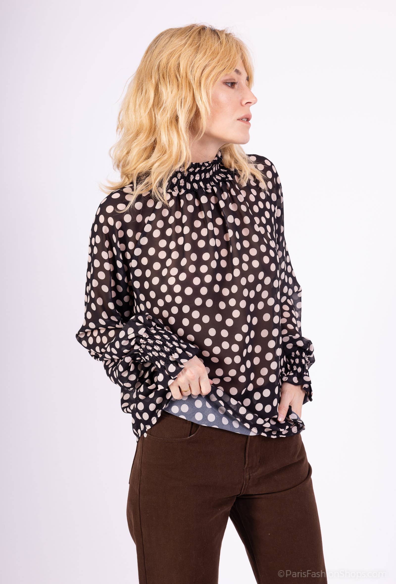 L'Emotion - Wholesale Blouse - Women's - High Collar Blouse with Smocked Cuffs and Patterned Chiffon6