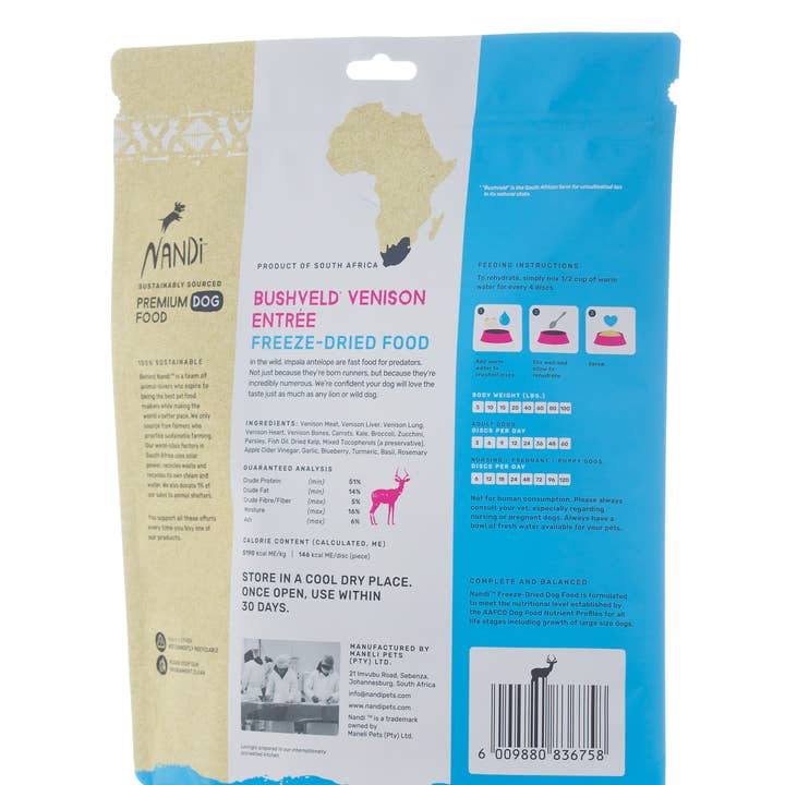 Nandi of Africa - Premium Pet Treats - Wholesale Pet Food - Dog - Nandi Bushveld Venison Entrée Freeze-Dried Food (14.1oz)1