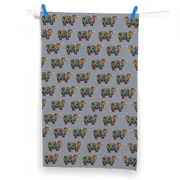 Bright Highland Cow Repeat on Grey Tea Towel for wholesale by Chloe Gardner
