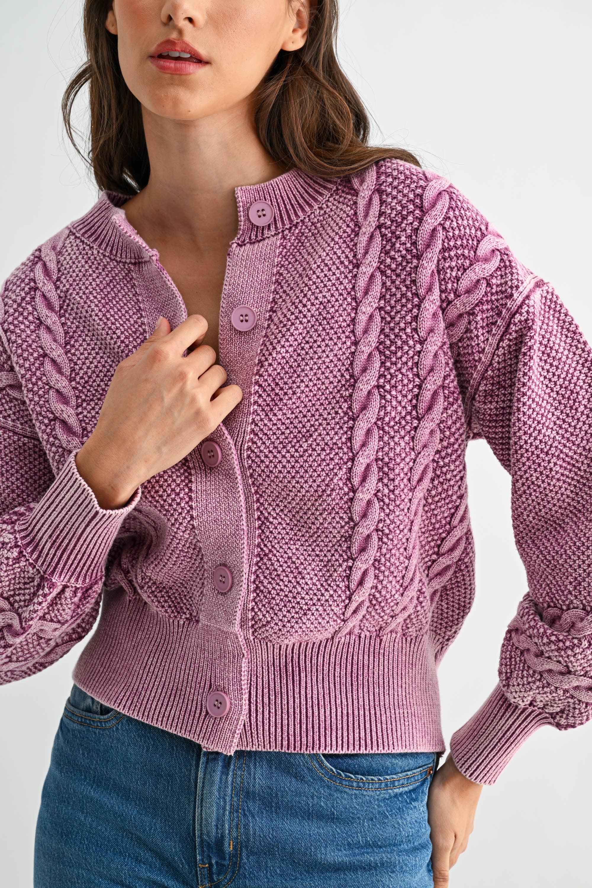 Camellia - Wholesale Cardigan - Women's - CW10019E WASHED BLENDED BROWN CABLE KNIT CARDIGAN25