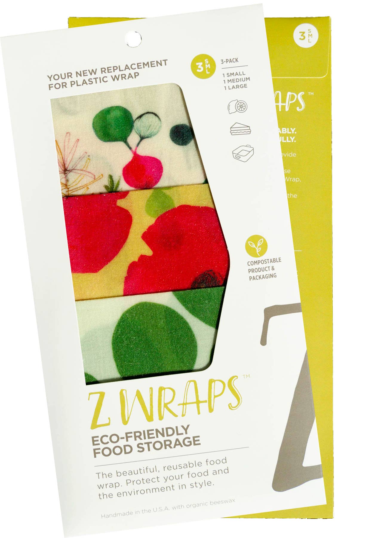 Z Wraps - Vente Sachet de conservation/film alimentaire - Lot de 3 emballages alimentaires réutilisables en cire d'abeille Z Wraps, motifs variés2