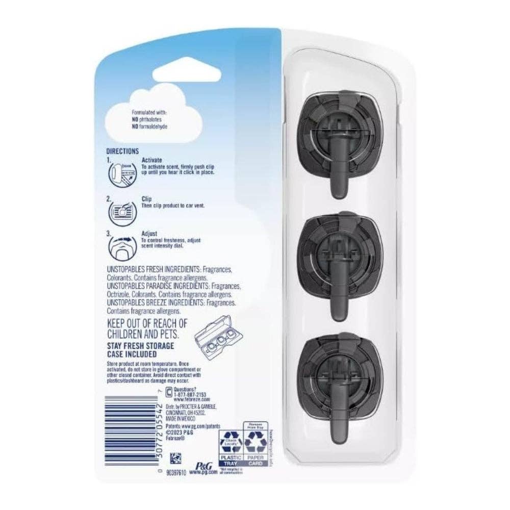 First Choice Buying - Wholesale Car Freshener - Unisex - Febreze Unstopables Car Vent Clip, 3-Count Variety Pack, Fresh, Paradise, Breeze1