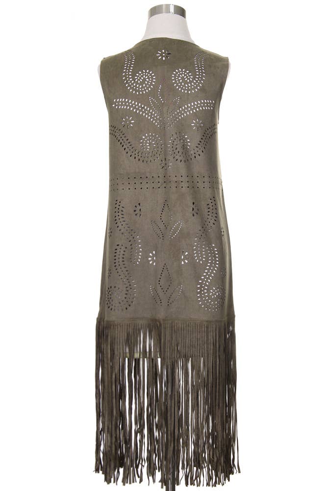 Hana - Venta al por mayor Chaleco de abrigo - Mujer - Chaleco de gamuza cortado con láser con estampado de hojas geométricas16