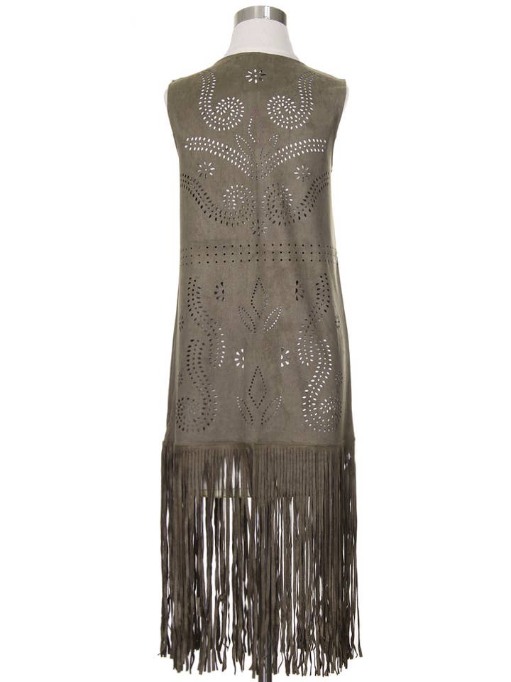 Hana - Venta al por mayor Chaleco de abrigo - Mujer - Chaleco de gamuza cortado con láser con estampado de hojas geométricas16