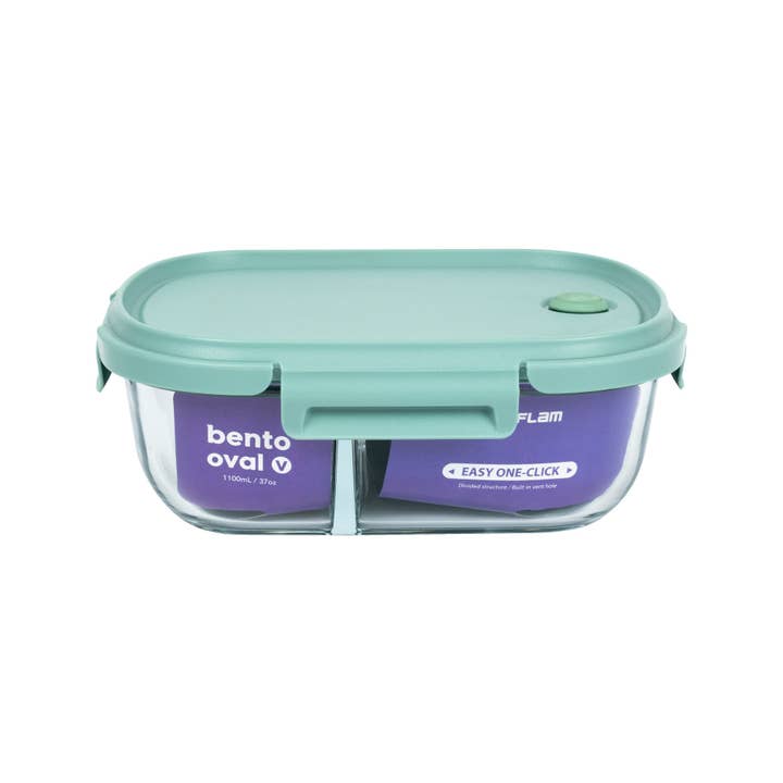 Neoflam - Wholesale Food Storage Container - Oval Bento Glass 37oz Food Storage with Divider - Blue Lid, Vent