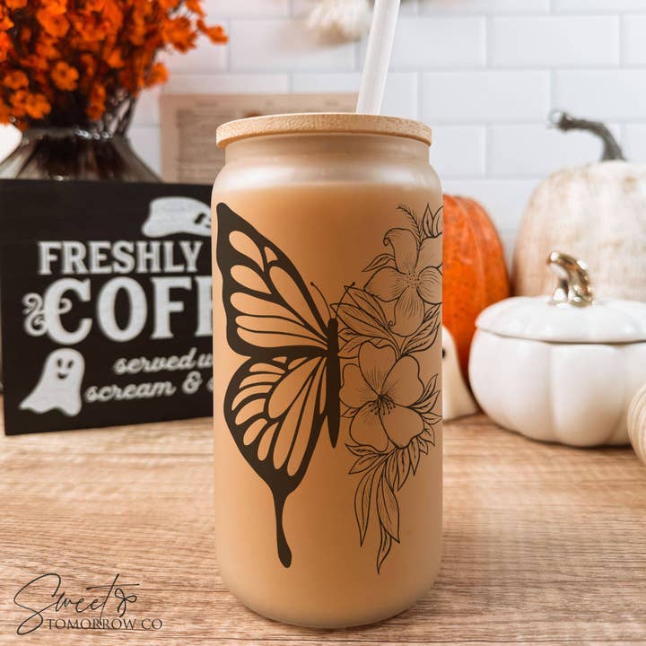 Half Floral Butterfly Libbey Glass Whimsical Aesthetic Cup for wholesale by Cataleya Designs Studio LLC