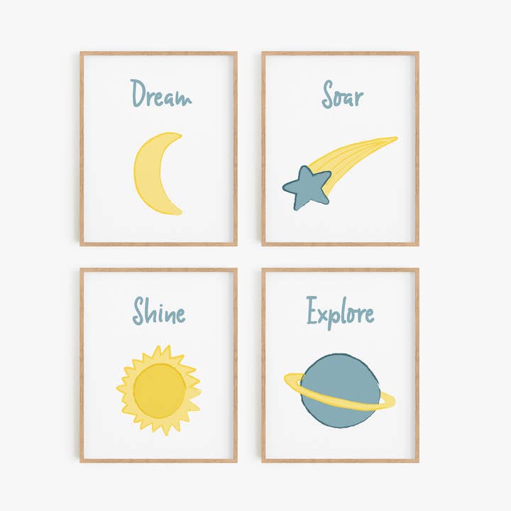 Outer Space Illustrated Art Prints - Teal (Set van 4) voor wholesale door Flip The Script Studios