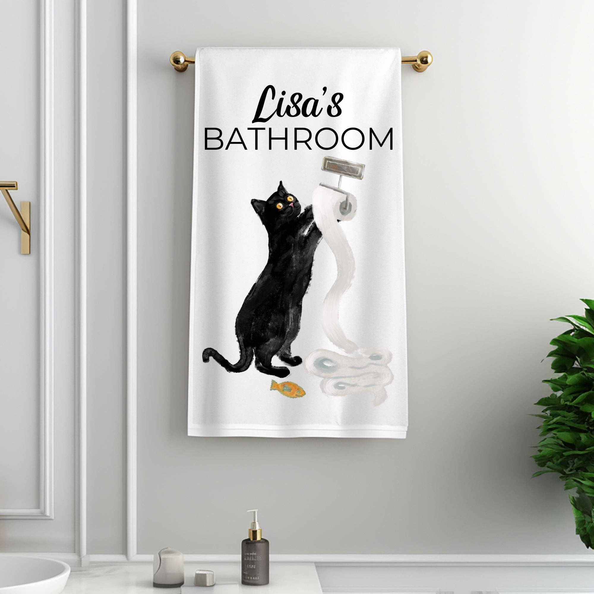 MerikaArt – wholesale Bath towel – Mischievous Black Cat Bathroom Towel2