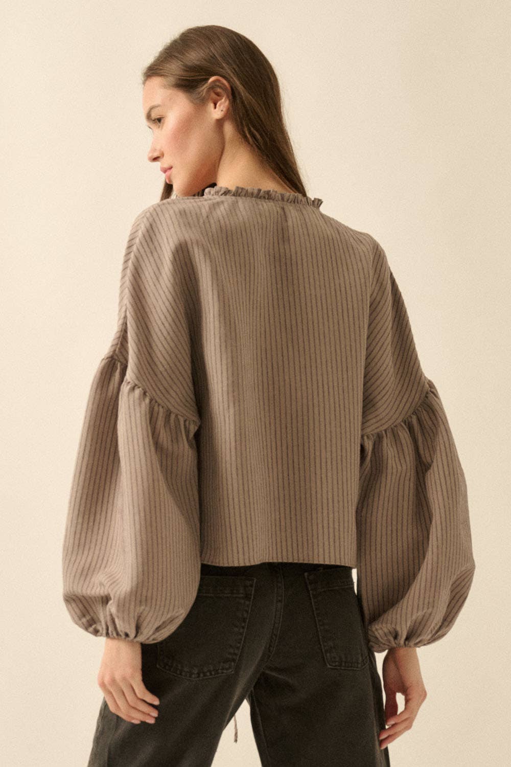 Promesa USA - Wholesale Blouse - Women's - Tonal-Stripe Tie-Front Balloon-Sleeve Top11