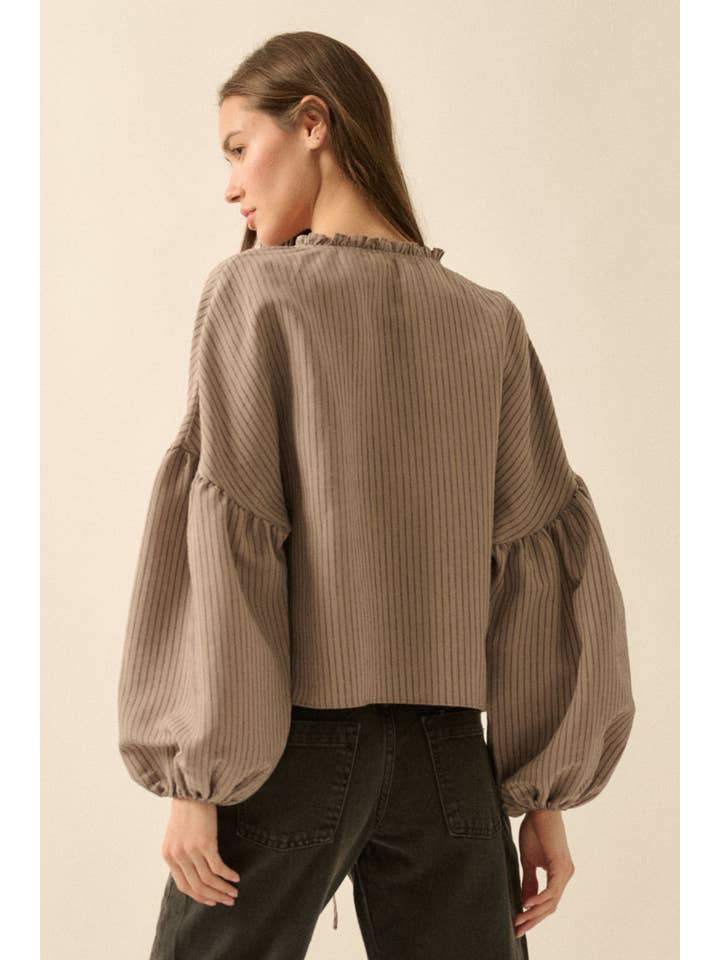 Promesa USA - Wholesale Blouse - Women's - Tonal-Stripe Tie-Front Balloon-Sleeve Top11