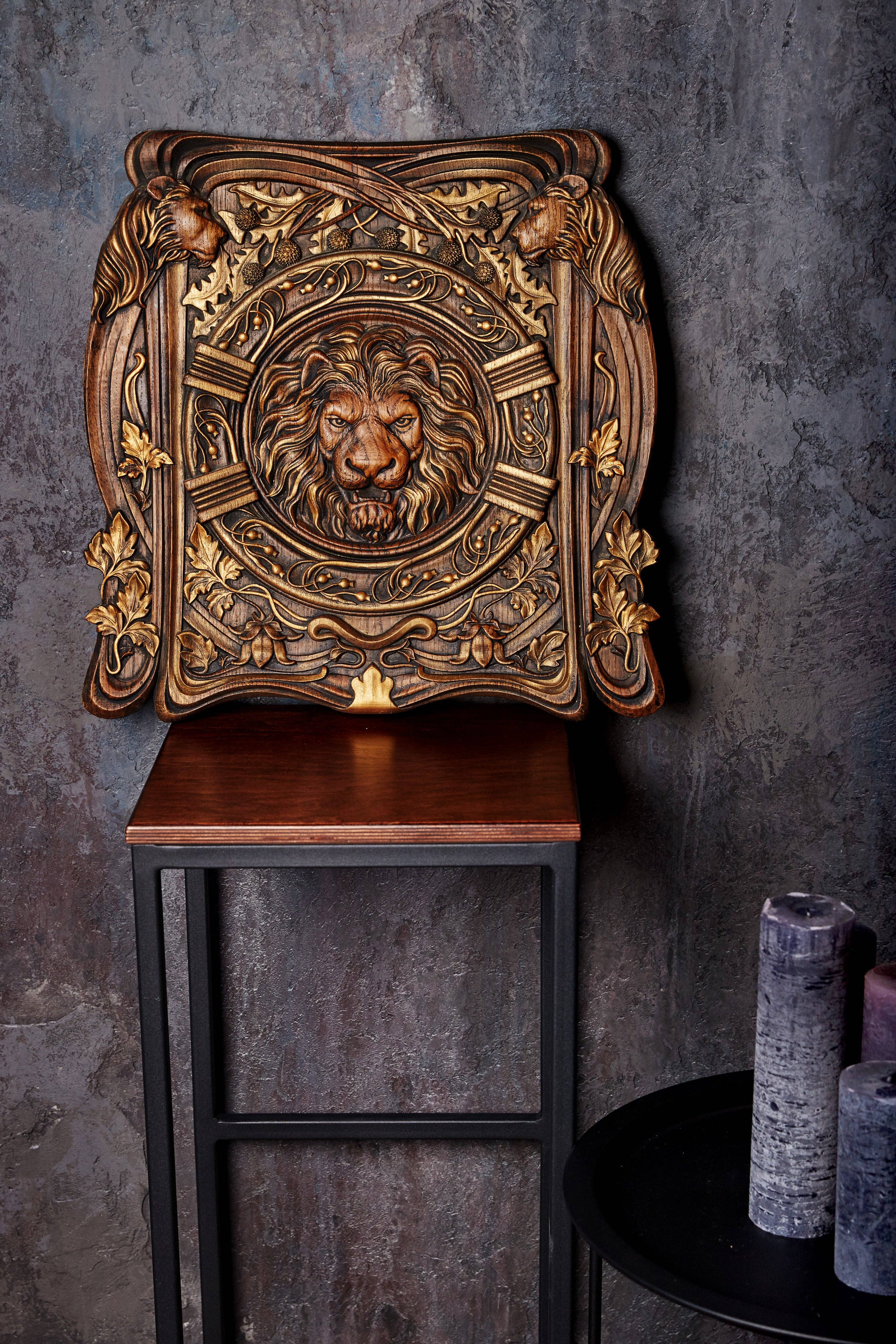 KozakWorkshop - Wholesale Plaque - Lion Head squared wooden carved plaque christian decor4