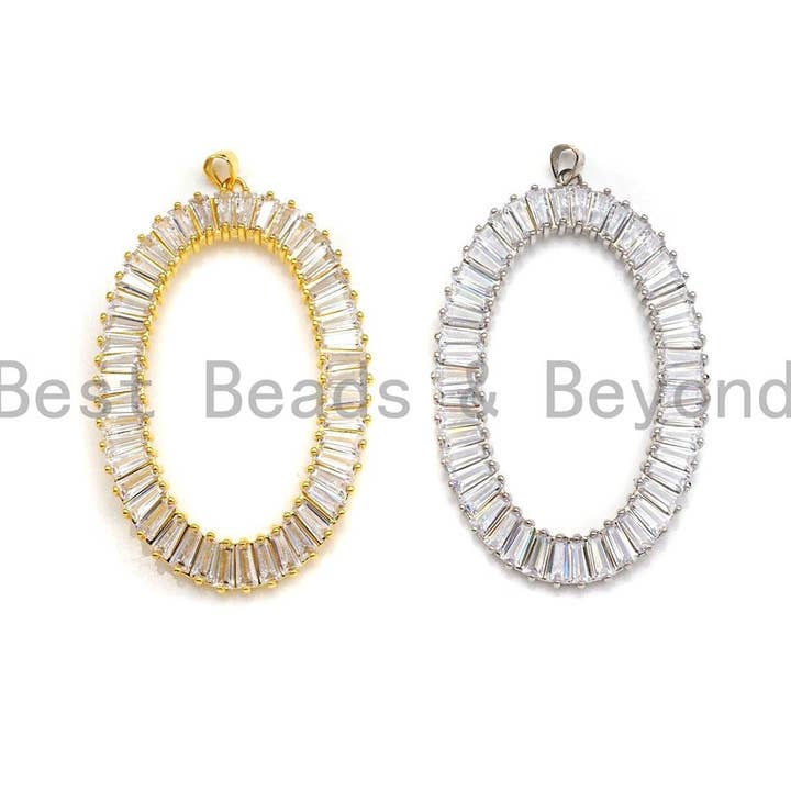 Pingente oval grande micro pave bagette cz, pingente em forma de O de zircônia cúbica, tom prata/ouro, 39x62mm, Sku #FH82 por atacado de BestBeads&Beyond