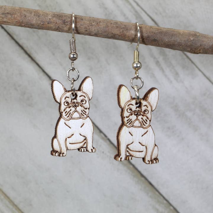 French Bulldog Wooden Dangle Earrings - Hand-Painted Design for wholesale by Cates Concepts