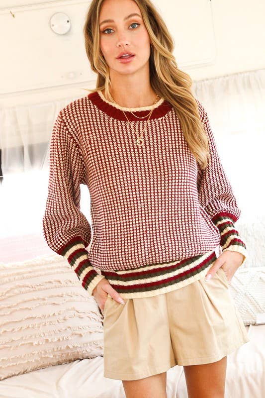 Vine & Love - Vendita all'ingrosso Maglione tricot - Donna - Maglione lavorato a maglia con dettagli a costine a contrasto a girocollo VT8112615