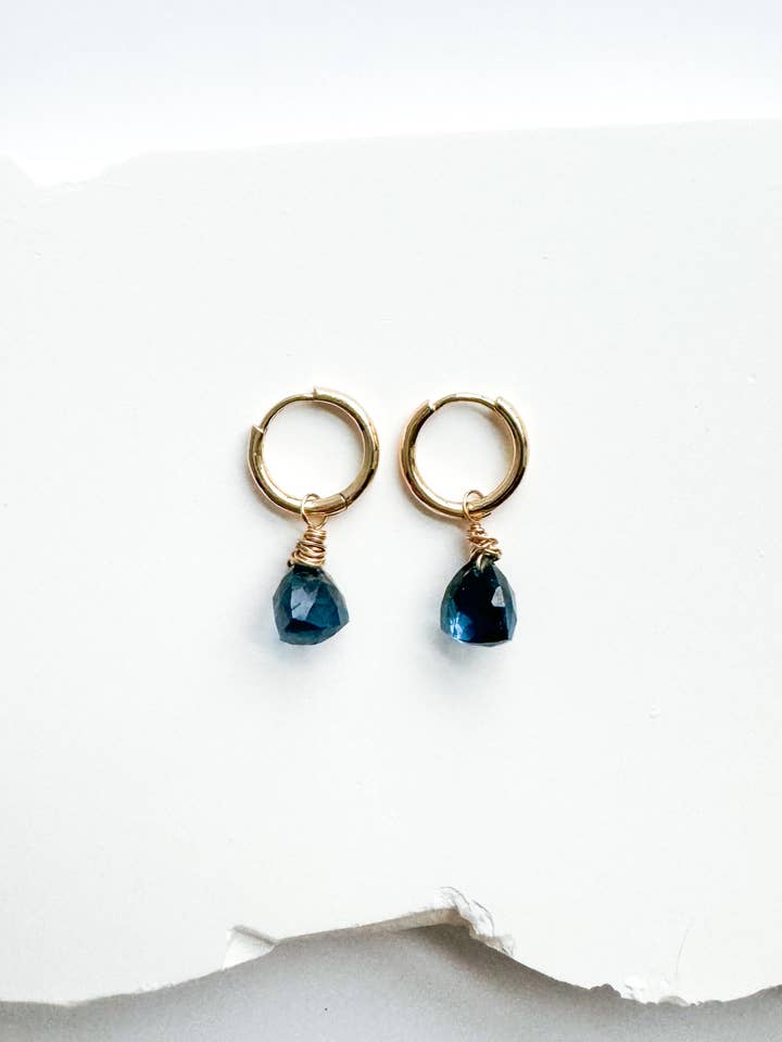 London Blue Topaz Gold Filled Huggie Hoop Earrings for wholesale by Hello Heather
