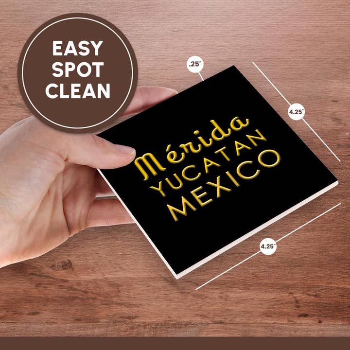 3dRose - Wholesale Coasters - 3dRose, Merida, Yucatan, Mexico, Yellow text on black. Patriot home town gift, Coaster6