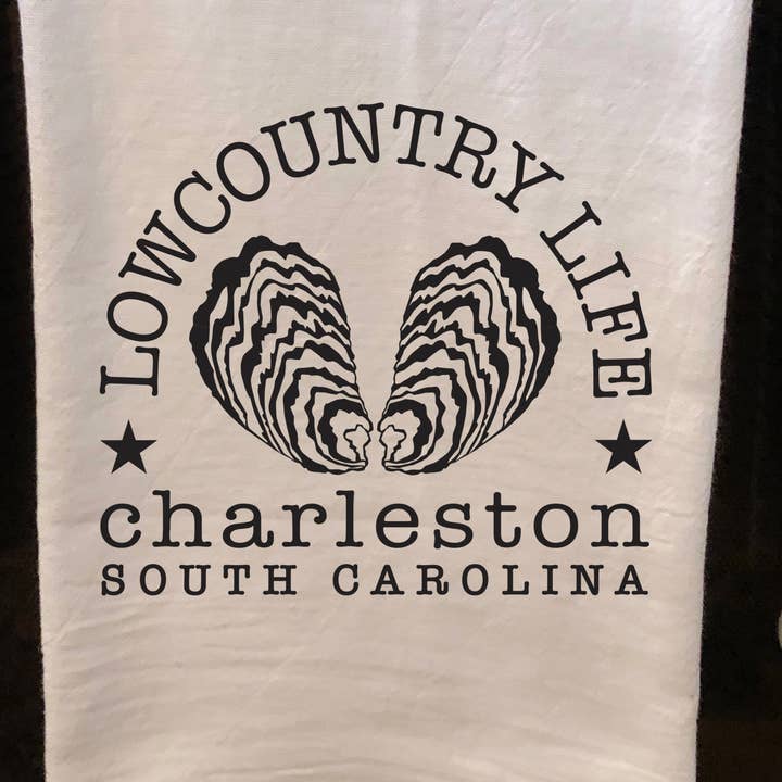 Lowcountry Life Oyster Charleston Tea Towel for wholesale by Kim Bowen Llc