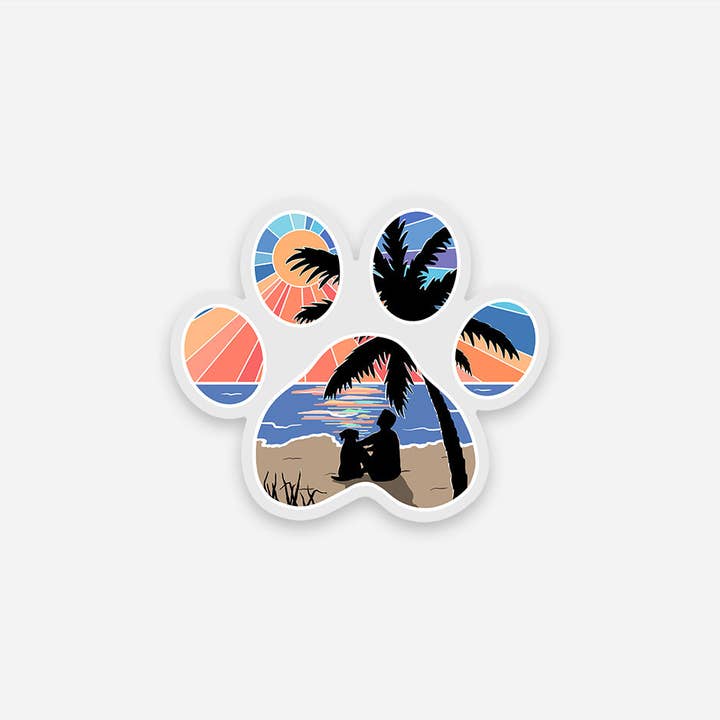 Wild Peonies Studio - Wholesale Sticker - Dog Paw Print Beach Guy with Dog Clear Vinyl Sticker