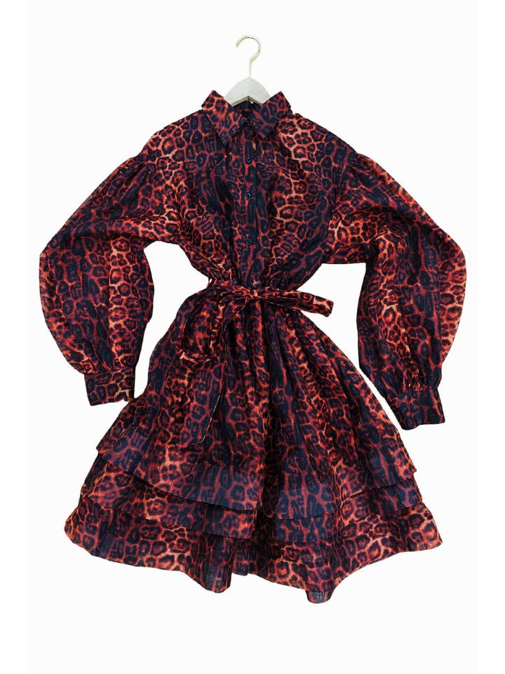 RED LEOPARD X7661 LEPORD PRINT LAYED BELL SHAPED MINI DRESS (RED, BROWN) for wholesale on Faire
