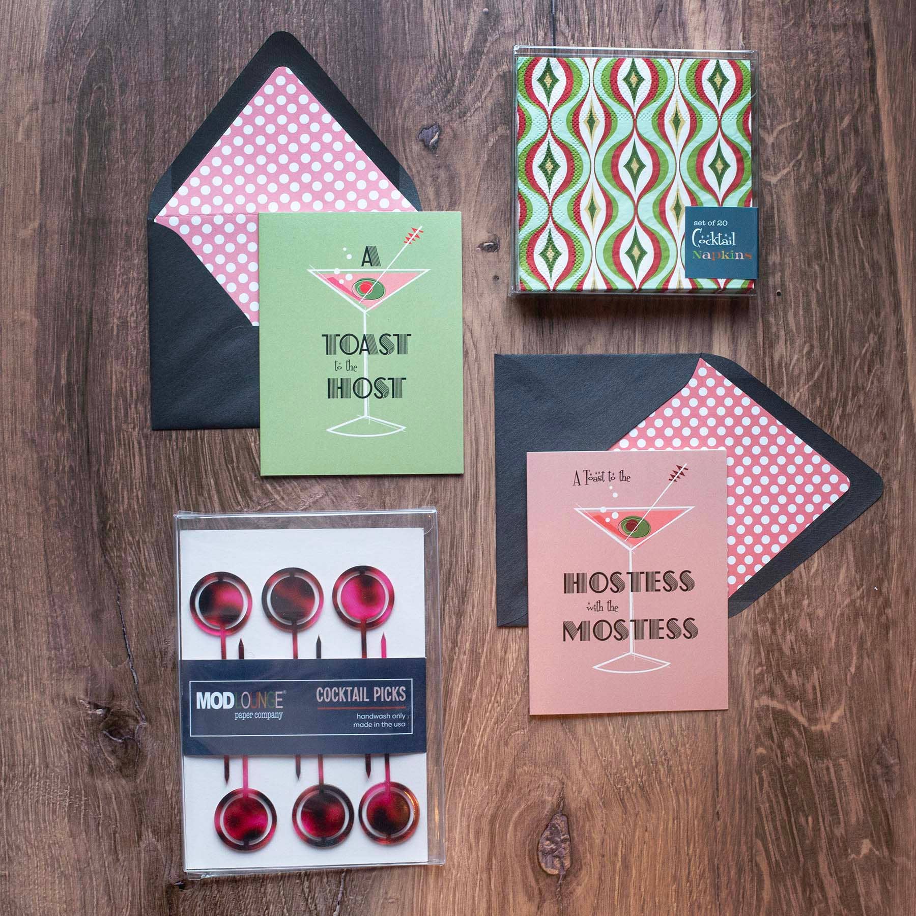 Mod Lounge Paper Company - Wholesale Thank You Card - A Toast to the Host Mid Century Modern Martini & Olive Card2