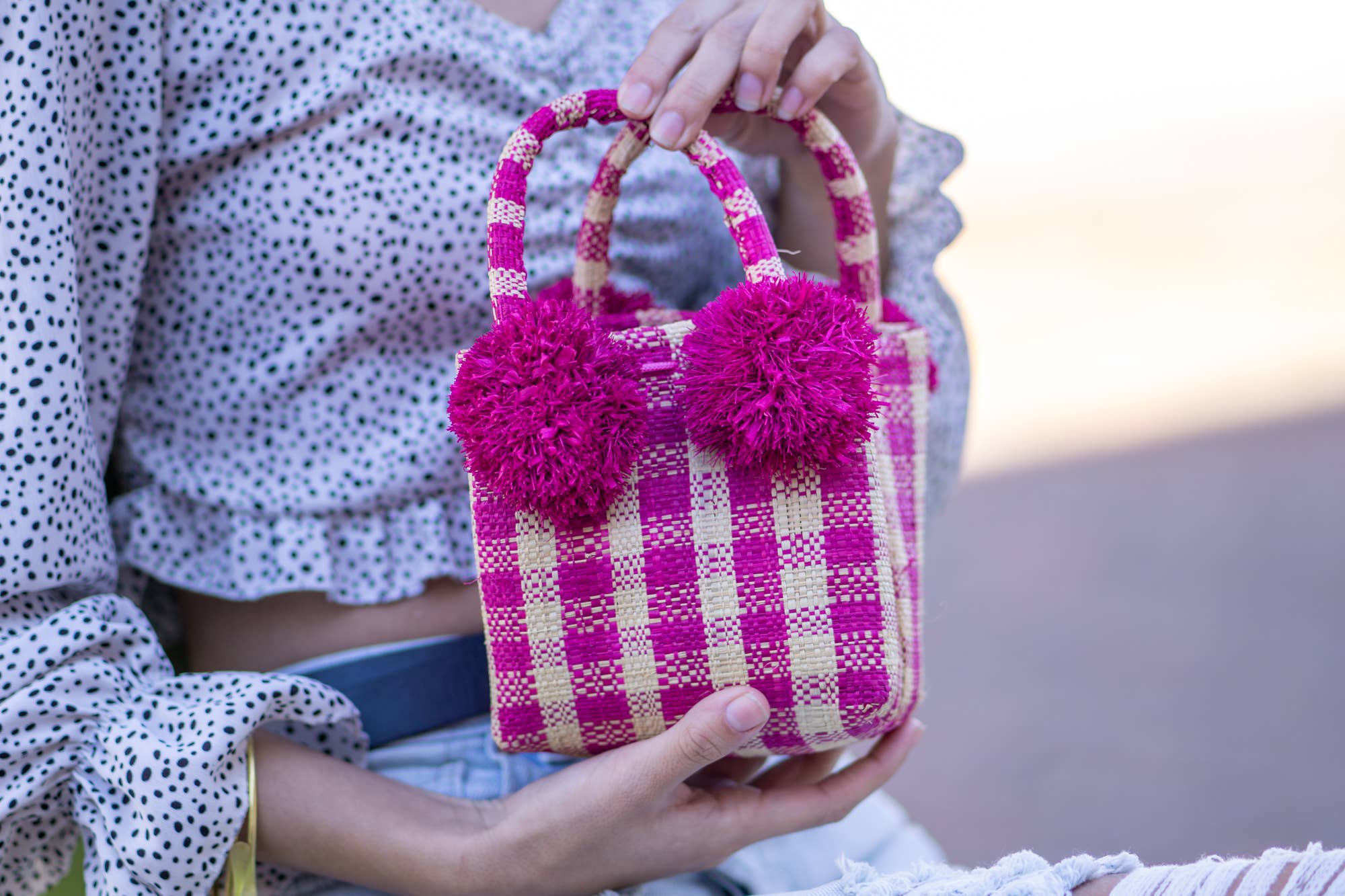 Shebobo - Zafran Gingham Large Straw Beach Bag with Plastic Liner