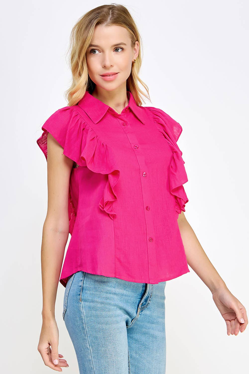 Strut & Bolt - Venta al por mayor Camisa con botones - Mujer - Blusa de lino sin mangas con volantes en los hombros3