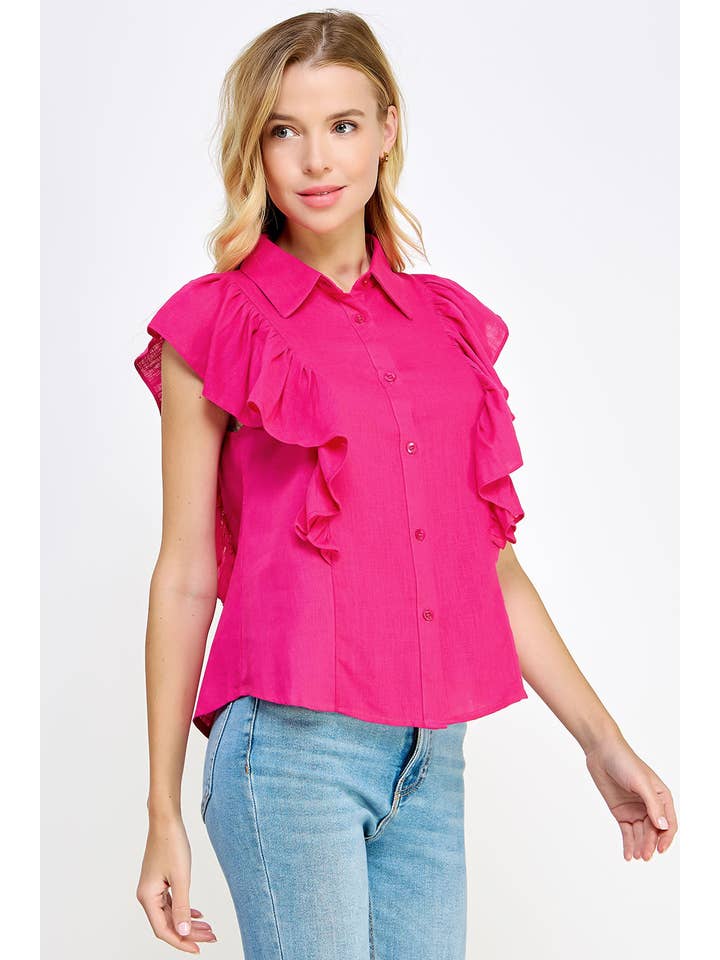 Strut & Bolt - Venta al por mayor Camisa con botones - Mujer - Blusa de lino sin mangas con volantes en los hombros3