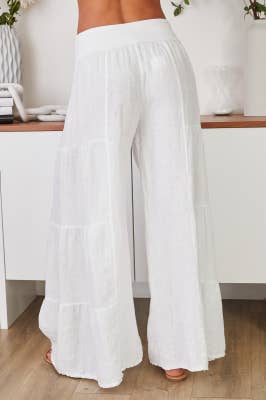 White LINEN TIERED PALAZZO PANT (2-36/255005-WHITE) for wholesale on Faire3