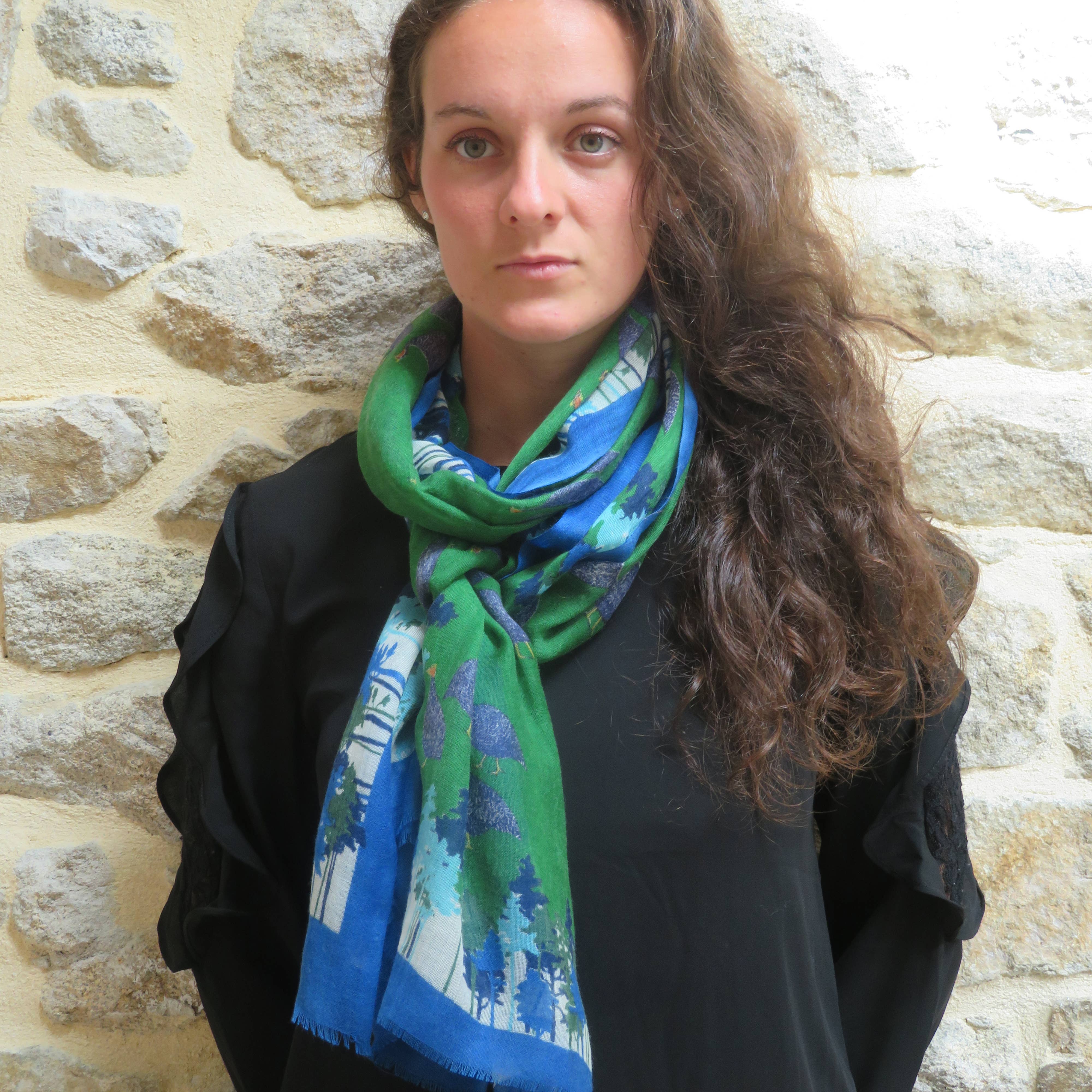 Supplement D'AM - Wholesale Scarf - Women's - Wool-silk stole Little Guinea Fowls (bird, tree, forest)5