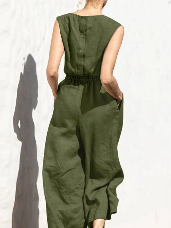 Plush Looks - Wholesale Jumpsuit - Women's - Sleeveless Wide Leg Round-Neck Jumpsuit
