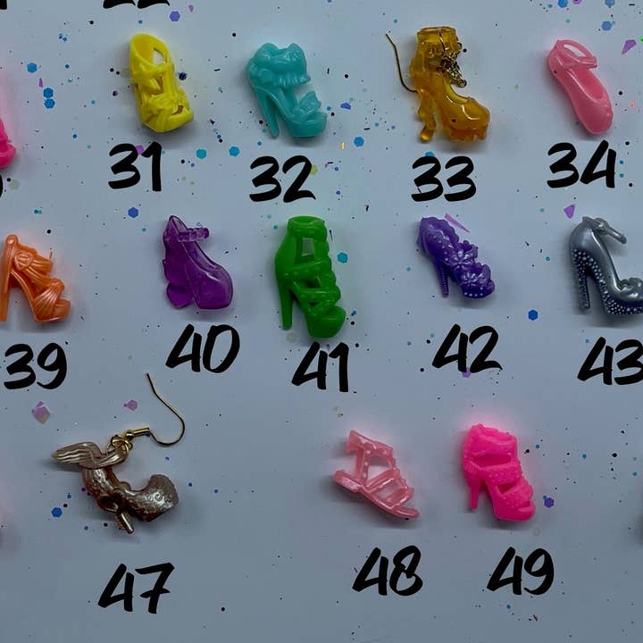 R59Creates – wholesale Dangle earrings – Cute Lil Barbie Doll Shoe Earrings! Available In 52 Different Types & Gold + Silver Normal Or Drop Chain Hardware!!2
