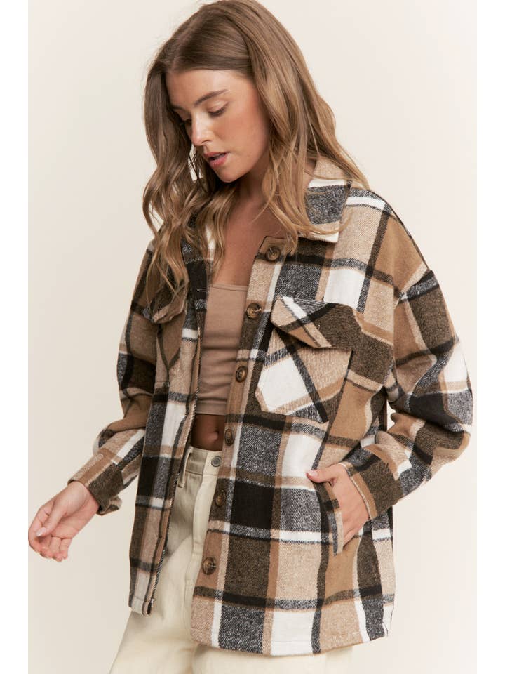 Sweet Generis – wholesale Shirt Jacket/Shacket - Women’s – FUZZY PLAID BUTTON DOWN FLANNEL SHIRT JACKET8