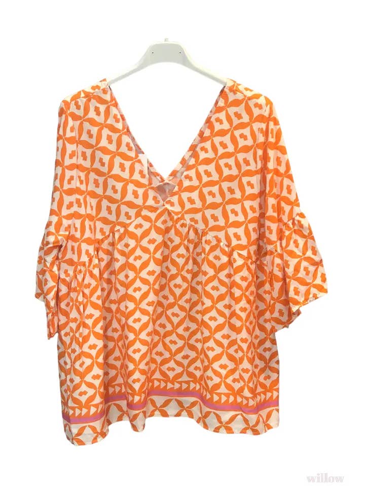 Bohemian print blouse with V-neck and 3/4 sleeves #1091B for wholesale by Moonsun